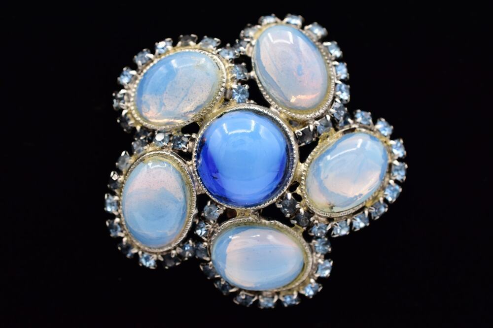 Vintage Opaline Glass Cabochon Flower Brooch Pin Blue Rhinestone Chunky BinBK